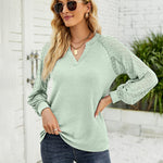 Nadorine V Neck Tops Solid Color Blouse Long Sleeve Pullover Lace Patchwork Shirt