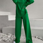 Solid Color Knitted Pullover Turtleneck Sweater Set Loose Top + Pants