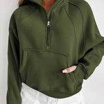 Green Zip Up Stand Collar Ribbed Thumbhole Sleeve Sweatshirt