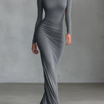 Women's Grey Elegant Stretch - Polyester-Cotton Blend Ruched Open - Back Maxi Dress