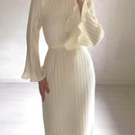 Pleated Bell Sleeve Back Tie Up Maxi Dress
