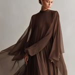 Women's Rich Brown Chiffon Dress With Flowy Maxi Silhouette & Cape-like Design, Modern Elegant-Glam Style Dress