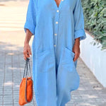 Casual solid V-neck button up jumpsuit with mid waist pocket jumpsuit