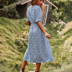 Nadorine Women's Button Down V Neck Full Print High Waist A-Line Summer Casual Dress