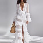 Women's Crisp White Crochet Knit Cardigan With Deep V-Neck & Layered Ruffles, Timeless Bohemian-Glam Style Cardigan