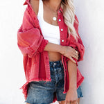 Nadorine Cropped Jacket Frayed Hem Button Long Sleeves Casual Loose Solid Color Denim Jacket