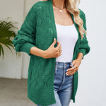 Solid Color Hollowed Out Knitted Cardigan Loose V-Neck Long Sleeved Cardigan Top