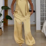 Satin Solid Pocket Loose Casual Pants
