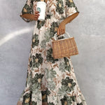 Retro V-neck Printed Short-sleeved Waist-length Maxi Dress