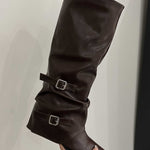 High-top belt buckle pointed toe thick-heeled boots