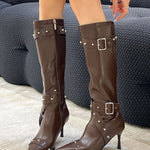 Women's pointed-toe studded high-heeled fashion boots