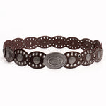 Oval stitching waist belt with large round pattern alloy buckle