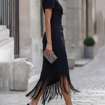 Elegant One-Shoulder Fringe Hem Midi Dress