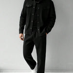 KZZ Men's Solid Color Pocket Jacket and Belt Waist Pants Sport Suit Regular Version Mature Business Style