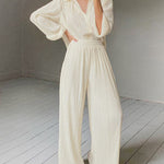 Pleated Two-Piece Set Long Sleeve Loose Fit Button Down Shirts Blouses Tops Wide Leg Pants Sets