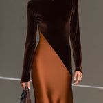 Chocolate Velvet & Satin Color-Block Maxi Dress