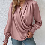 Nadorine Elegant V-neck Lantern Sleeve Blouse Temperament Solid Color Shirt for Women Casual Work Office Loose Fit 2026 | Under $40