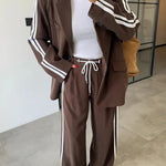 Levvie Striped Trim Long Sleeve Lapel Blazer and Rope Belt Pocketed Wide Leg Pants Set