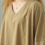 Summer Short Sleeve V-Neck Solid Cotton Casual Dress with Pockets