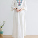 Loose Embroidered Floral Cotton Linen V-Neck 3/4 Sleeve Dress