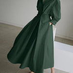 Elegant Pocket Button Lapel Collar Fold Solid Midi Dress