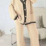 Fashion Casual Knitted Long Sleeve Pocket Cardigan and Elastic Waist Loose Wide Leg Pants Set