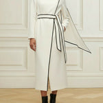 Long Sleeves Minimalist Belted Comfort Contrast Color Round-Neck Midi Dresses