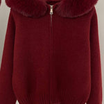 Fur-collar zip-up cardigan