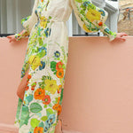 Summer Party Floral Print Balloon Sleeve Pocketed Belt Shirt Midi Dress