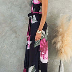 Strapless Tie Waist Wide Leg Floral Print Jumpsuit