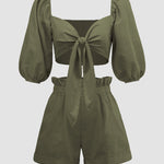 Half Sleeve Knot Front Crop Cardigan Top with Shorts Sets