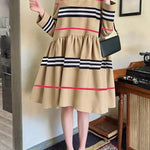 A-Line High Waisted Contrast Color Pleated Striped Zipper Mock Neck Midi Dresses