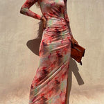 Chicest Long Sleeve Ruched Side Slit Tie Dye Maxi Dress