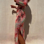 Chicest Long Sleeve Ruched Side Slit Tie Dye Maxi Dress