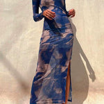 Chicest Long Sleeve Ruched Side Slit Tie Dye Maxi Dress