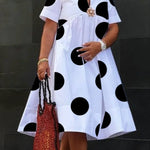 A-Line Short Sleeves Pleated Polka-Dot Printed Split-Joint Round-Neck Midi Dresses