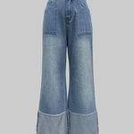 High Waisted Wide Leg Contrast Color Pockets Jean Pants Bottoms