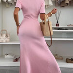 Solid Color Backless Off-shoulder Gathered Slim Maxi Dress