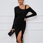 Sexy Drawstring Slit Off Shoulder Long Sleeve Dress