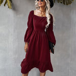 Solid Square Neck Bishop Sleeve Flounce Hem Dress