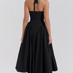 Solid Halter Deep V Neck A-Line Midi Dresses