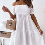 Off Shoulder Summer Casual Dresses Solid Loose Fit Short Flowy Pleated Dress Swing Beach Sundress