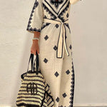 Quiet Atmosphere Linen Blend Ethnic Print Belted Midi Dress
