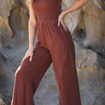Fashion casual collarless straight wide leg open back cross strap jumpsuit