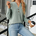 Solid Color V-Neck Buttoned Jacquard Loose-Fitting Long-Sleeved T-Shirt Top