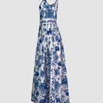 A-Line Loose Flower Print Split-Joint Lapel Maxi Dresses