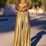 High Waisted Three-Quarter Sleeves Shiny Solid Color Deep V-Neck Jumpsuits Bottoms
