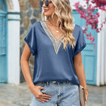 Short Sleeve V Neck Blouse Top Lace Trim Casual Summer Tee Shirt