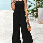 Sleeveless Lace-up Smocked Jumpsuits Solid Loose fit Wide Leg High Wasit Romper