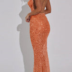 Shine All Night Sheer Sequin Cowl Neck Halter Maxi Dress
